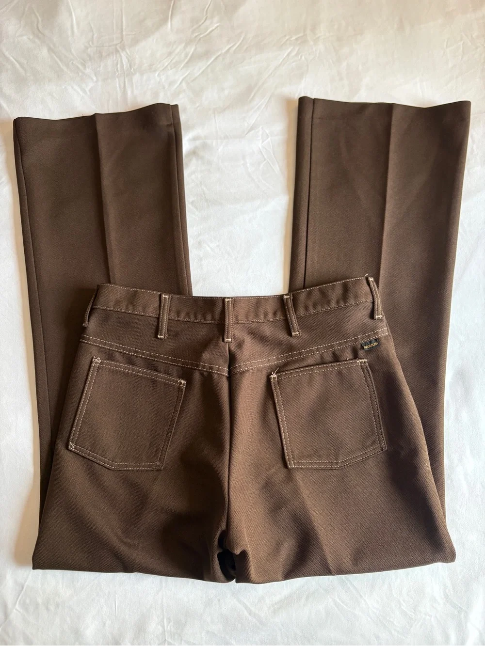 Farah Chocolate Brown Contrast Stitch Flare Trousers Retro Workwear Menswear